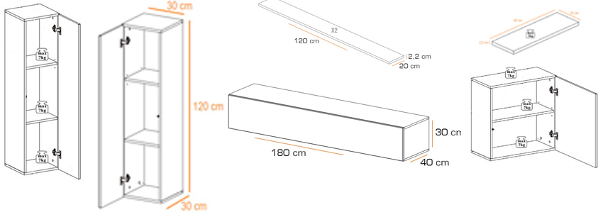 dimensions de l'ensemble des meubles tv
